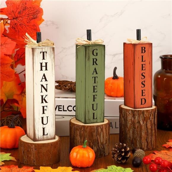 Thankful Blessed Grateful Tabletop Signs Thanksgiving Wooden Block Signs - Picture 5 of 8